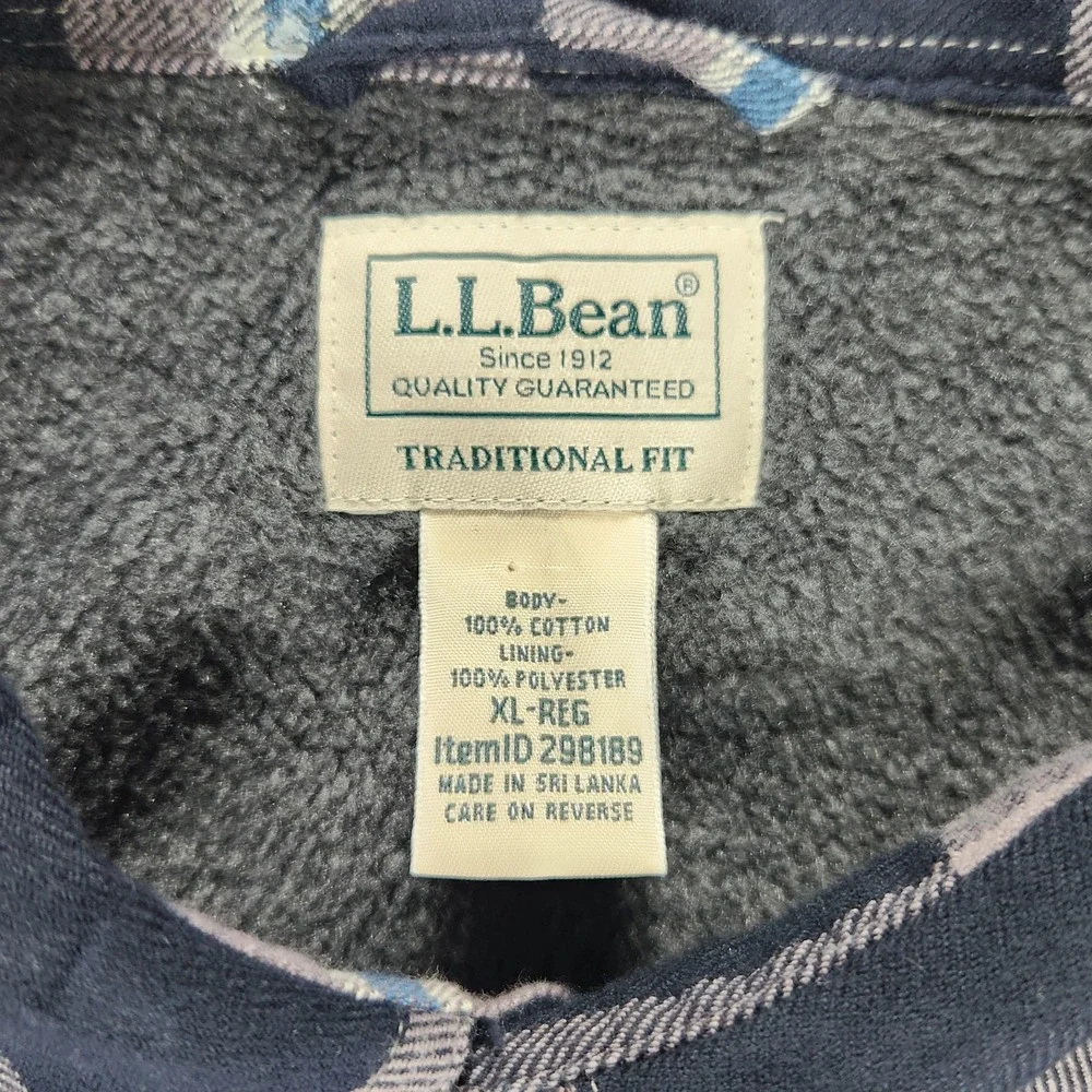 LL Bean Shirt Jacket Mens XL Blue Plaid Fleece Lined Flannel Traditional Fit